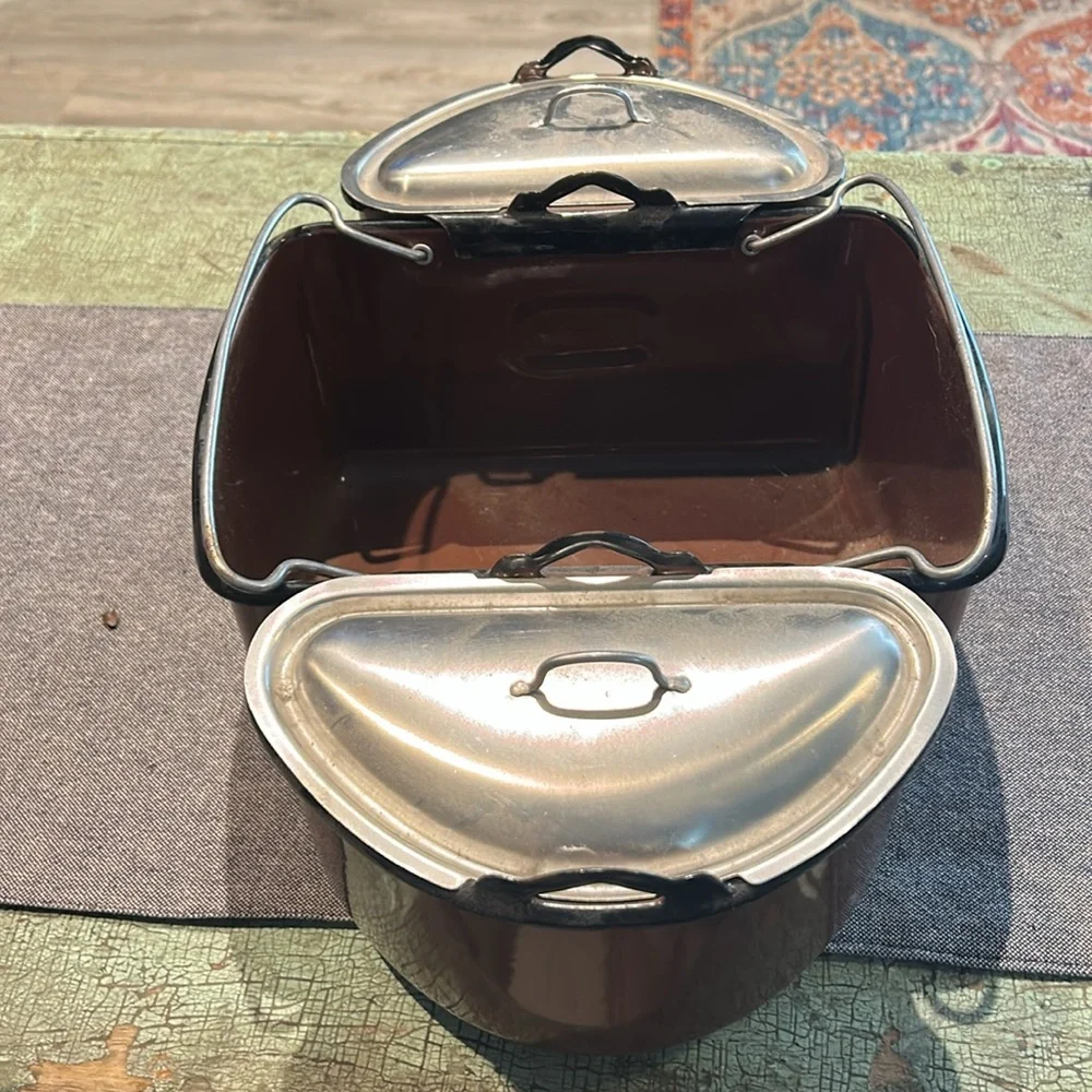 Vintage Unique Enamelware Brown Lunch Pail Box Picnic Camping Tin with Lids